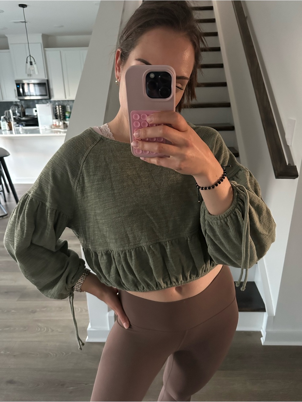 Cotton Blend Aerie Olive Green Cropped Peasant Top Sweater / Small